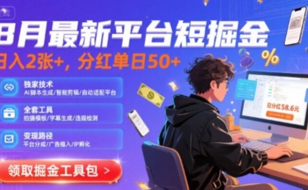 8月最新平台短剧掘金,日入2张+,分红单日 50+,独家技术,脚本及全套工具【揭秘】