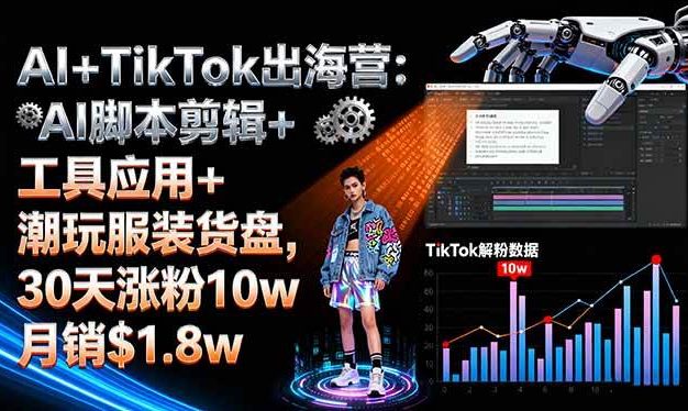 AI+TikTok出海营:AI脚本剪辑+工具应用+潮玩服装货盘,30天涨粉10w月销$1.8w