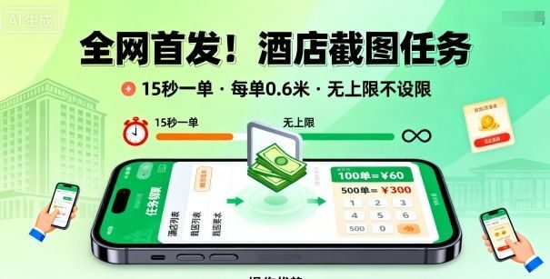 全网首发!酒店截图任务,15秒一单,每单0.6米,任务无上限不设限,矩阵操作单日3张到手