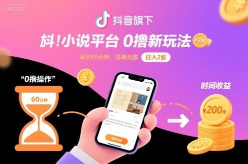 抖音旗下小说平台0撸新玩法,每天挂G60分钟,简单无脑,日入2张【揭秘】