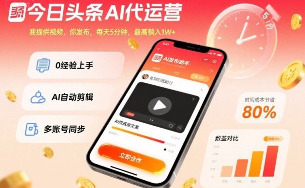 今日头条AI代运营，我提供视频，你发布，每天5分钟，最高躺入1W+