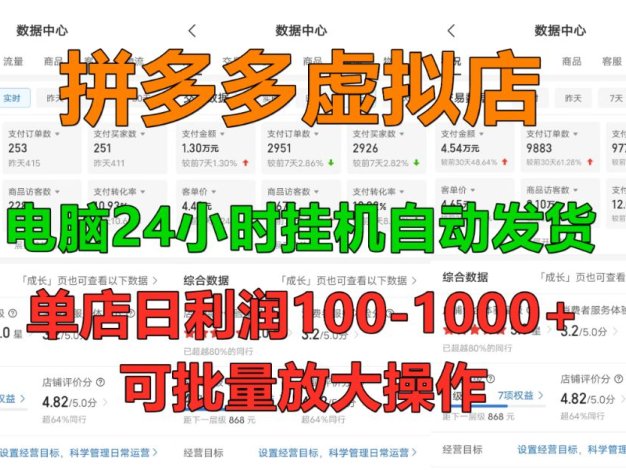 拼多多虚拟店,单店日利润100-1000+,挂机全自动发货,长久稳定新手首选项目,可批量放大操作