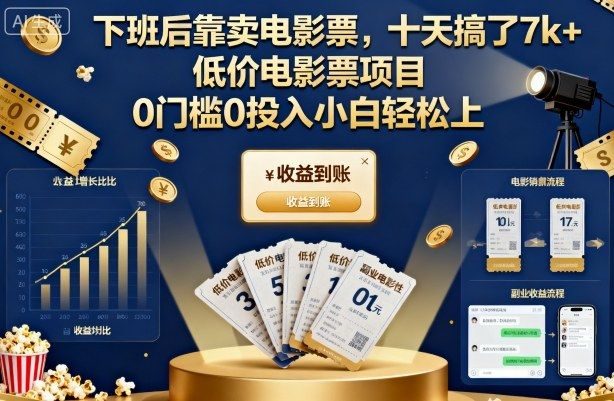 下班后靠卖电影票,十天搞了7k+,低价电影票项目,0门槛0投入小白轻松上手