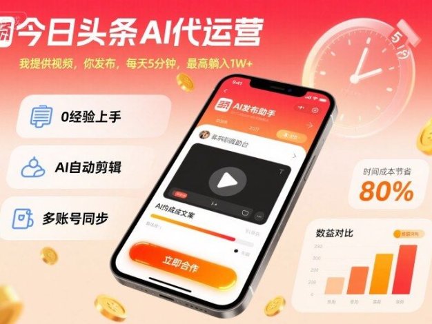 今日头条AI代运营，我提供视频，你发布，每天5分钟，最高躺入1W+