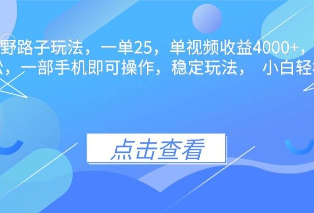 抖音手游野路子玩法,一单25,单视频收益4000+,日入几千轻轻松松,一部手机即可