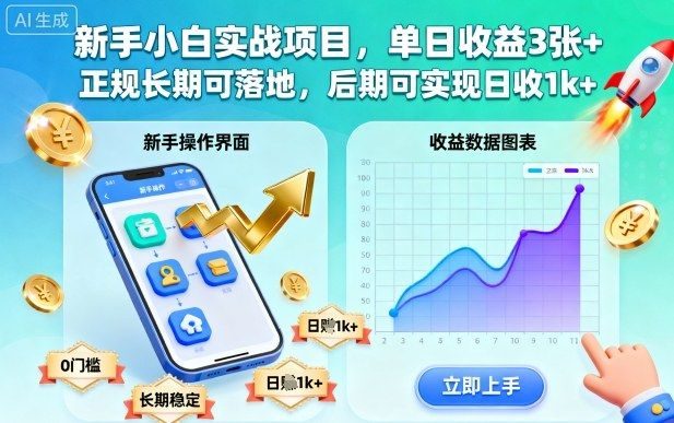 新手小白实战项目,单日收益3张+,正规长期可落地,后期可实现日收1k+