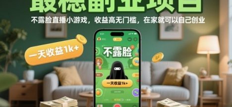 最稳副业项目,不露脸直播小游戏,收益高无门槛,一天收益1k+,在家就可以自己创业