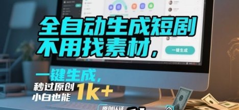 全自动生成短剧,不用找素材,不用剪辑,一键生成,秒过原创,小白也能轻松日入1k+