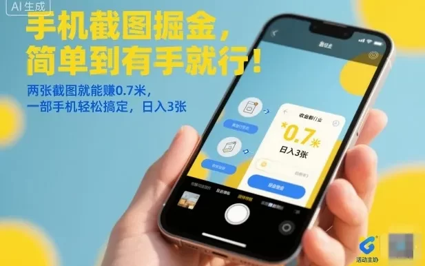 手机截图掘金,简单到有手就行!两张截图就能賺0.7米,一部手机轻松搞定,日入3张