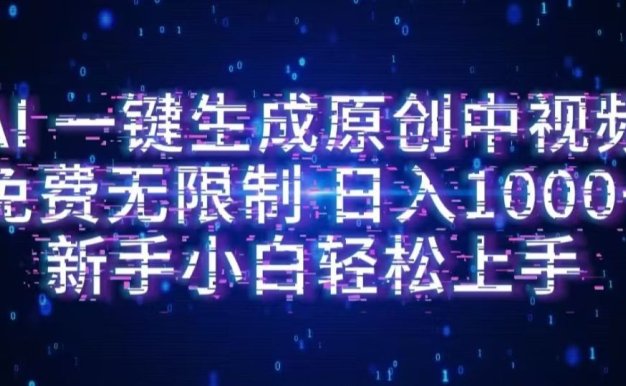 AI一键生成原创中视频,小白轻松上手,免费无限制,单账号日收益1000+