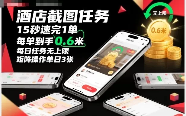 酒店截图任务,15秒速完1单,每单到手0.6米,每日任务无上限,全网首发玩法,矩阵操作单日3张