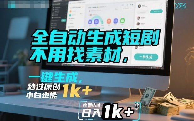 全自动生成短剧,不用找素材,不用剪辑,一键生成,秒过原创,小白也能轻松日入1k+