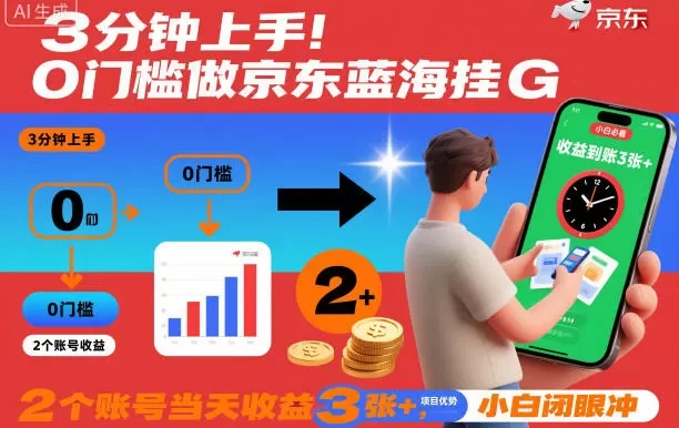 3分钟上手!0门槛做京东蓝海全自动掘金,2个账号当天收益3张+,小白闭眼冲