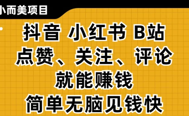 小而美的项目，抖音、小红书、B站视频点赞、关注、评论就能赚钱，简单无脑立见收益!妥妥的零撸项目
