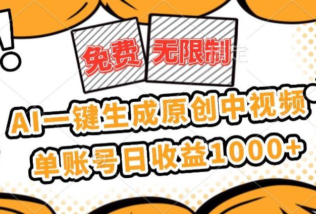免费无限制,AI一键生成原创中视频,单账号日收益1000+