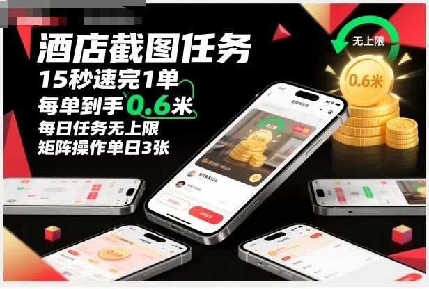 酒店截图任务,15秒速完1单,每单到手0.6米,每日任务无上限,全网首发玩法,矩阵操作单日3张