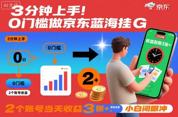 3分钟上手！0门槛做京东蓝海全自动掘金，2个账号当天收益3张+，小白闭眼冲