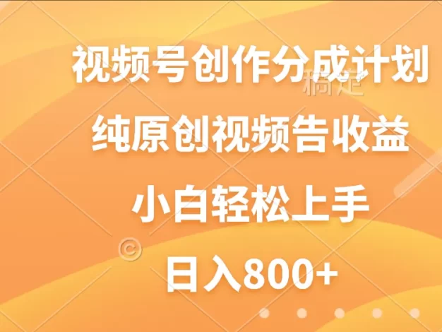 视频号创作分成计划,纯原创视频告收益,新手小白轻松上手,日入800+