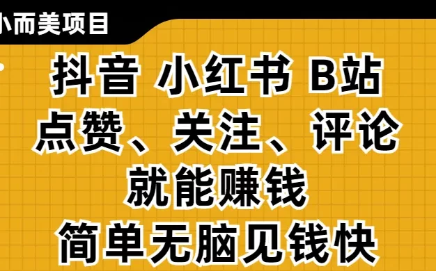 小而美的项目，抖音、小红书、B站视频点赞、关注、评论就能赚钱，简单无脑立见收益!妥妥的零撸项目