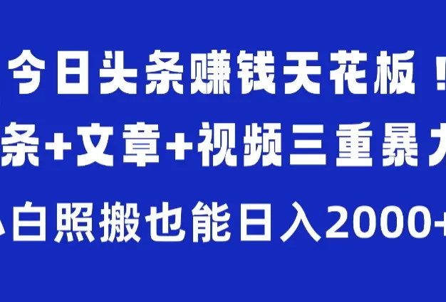 今日头条赚钱天花板!微头条+文章+视频三重暴力玩法,小白照搬也能日入2000+
