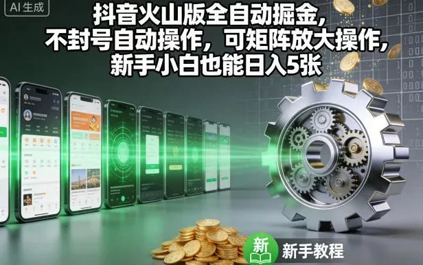 抖音火山版全自动掘金,不封号自动操作,可矩阵放大操作,新手小白也能日入5张