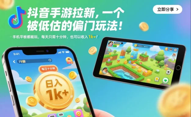 抖音手游拉新,一个被低估的偏门玩法!手机平板都能玩,每天只需十分钟,也可以收入1k+