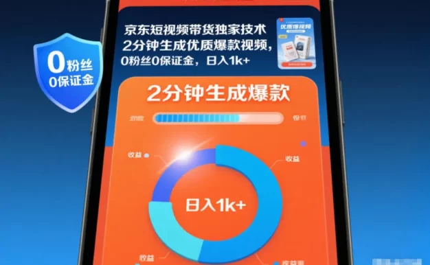 京东短视频带货独家技术,2分钟生成一条优质爆款视频,0粉丝0保证金,日入1k+
