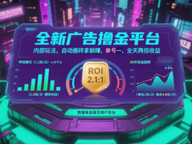 全新广告撸金平台,内部玩法,自动搬砖拿躺賺,单号一天保底2张+,全天两倍收益