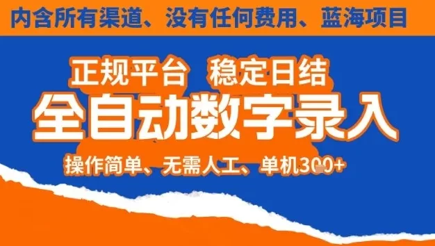 全自动数字录入,单机日入3张+,内含所有渠道全程免费零成本,操作简单可矩阵开干