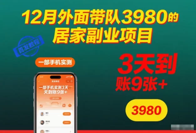 12月外面带队3980的居家副业项目,一部手机实测3天到账9张+,首发教程
