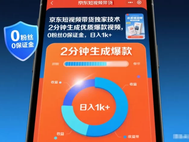 京东短视频带货独家技术，2分钟生成一条优质爆款视频，0粉丝0保证金，日入1k+