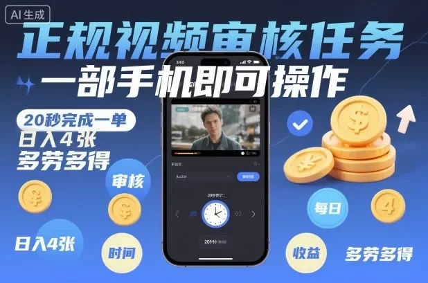 正规视频审核任务,一部手机即可操作,20秒完成一单,日入4张,多劳多得