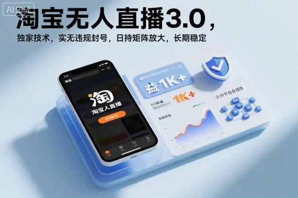 淘宝无人直播3.0,独家技术,实无违规封号,日收益1k+,支持矩阵放大,长期稳定