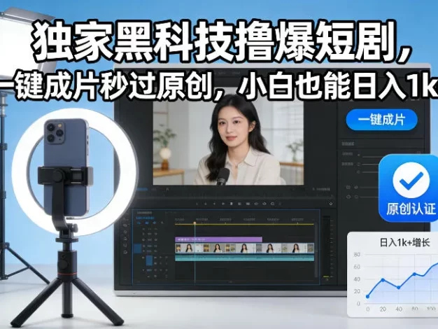 独家黑科技撸爆短剧,一键成片秒过原创,小白也能日入1k+
