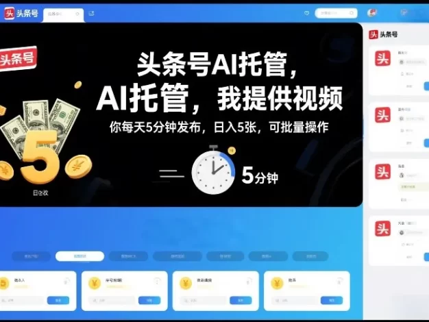 头条号AI托管,我提供视频,你每天5分钟发布,日入5张,可批量操作