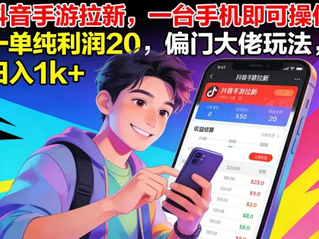 抖音手游拉新,一台手机即可操作,一单纯利润20,偏门大佬玩法,日入1k+