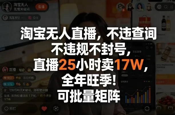 淘宝无人直播,不违规不封号,直播25小时卖17W,全年旺季!可批量矩阵