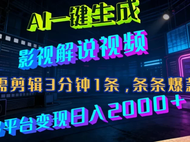 最新AI一键生成影视解说视频，无需剪辑3分钟1条，条条爆款，多平台变现日入2000+