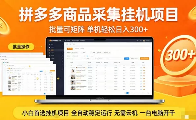 拼多多商品信息全自动采集项目,批量可矩阵,单机轻松日入300+,无需云机一台电脑开干