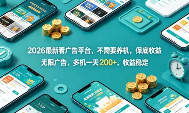 2026最新看广告平台,不需要养机,保底收益,无限广告,多机一天200+,收益稳定