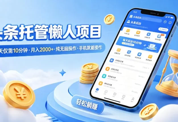 头条托管懒人项目,每天仅需10分钟,月入2000+,纯无脑操作,手机就能操作