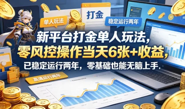 新平台打金单人玩法，零风控操作当天6张+收益，已稳定运行两年，零基础也能无脑上手