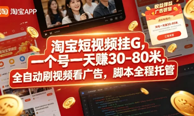 淘宝短视频挂G,一个号一天 賺30-80米,全自动刷视频看广告,脚本全程托管