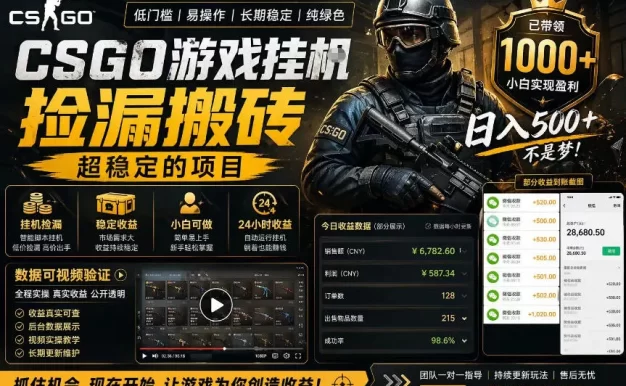 CSGO游戏搬砖,全自动挂G,不需要玩游戏,手机操作日入300+,解放双手