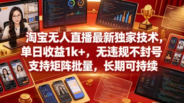 淘宝无人直播最新独家技术,单日收益1k+,无违规不封号,支持矩阵批量,长期可持续
