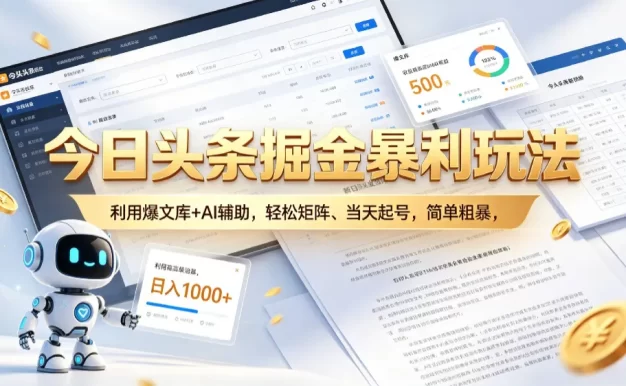 今日头条掘金暴利玩法,利用爆文库+AI辅助,轻松矩阵、当天起号,简单粗暴,日入1000+