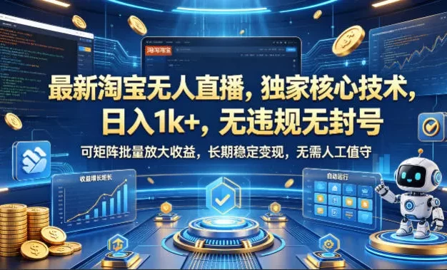 最新淘宝无人直播,独家核心技术,日入1k+,无违规无封号,可矩阵批量放大,长期稳定,无需人工值守