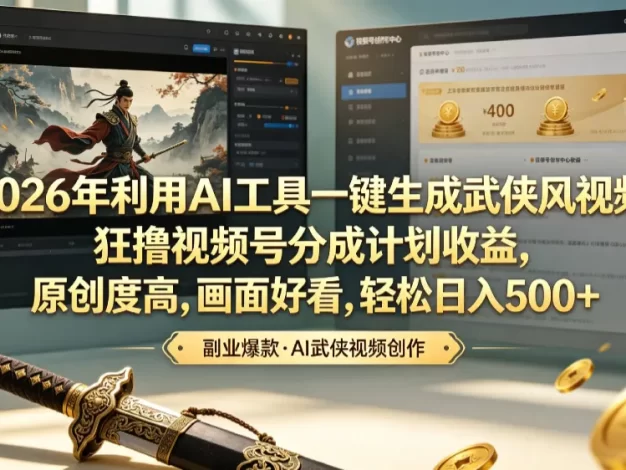 2026年利用AI工具一键生成武侠风视频,狂撸视频号分成计划收益,原创度高,画面好看,轻松日入500+