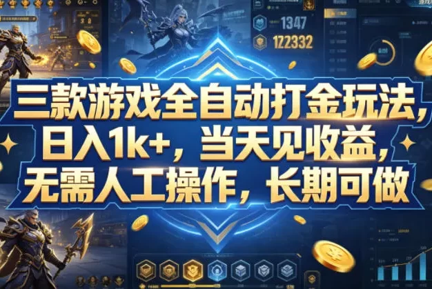 三款游戏全自动打金玩法，日入1k+，当天见收益，无需人工操作，长期可做