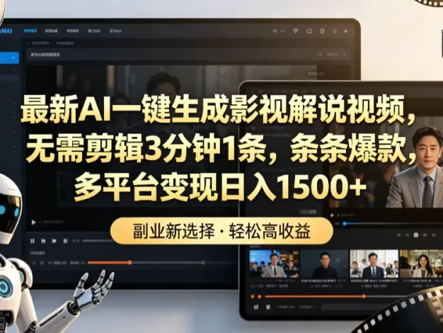 最新AI一键生成影视解说视频,无需剪辑3分钟1条,条条爆款,多平台变现日入1500+